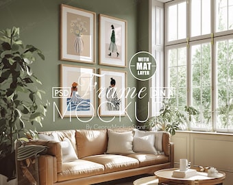 4 Frame Gallery Wall Mockup With Mat, Four Multiple Template, Glass, Psd Photoshop, Din A Ratio, Window Interior Minimal Iso a0 a3 a4 Modern