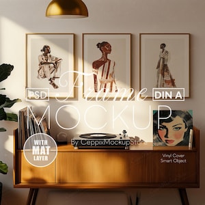 3 Drei Rahmen Mockup Musik PSD, Retro A4 A3 A2, Drei Realistische Mid Century 3 Galerie Wand, Photoshop, DIN A Ratio, Interior Minimal Player