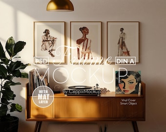 3 Three Frame Mockup Music PSD, Retro A4 A3 A2, Three Realistic Mid Century 3 Gallery Wall, Photoshop, DIN A Ratio, Interior Minimal Player