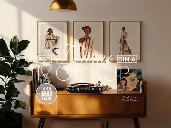 3 Three Frame Mockup Music PSD, Retro A4 A3 A2, Three Realistic Mid Century 3 Gallery Wall, Photoshop, DIN A Ratio, Interior Minimal Player