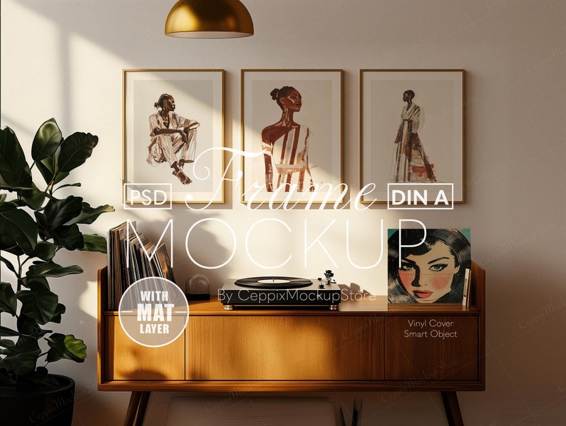 May include: A mockup featuring three framed art prints with gold frames, a wooden record cabinet, and a record player. The prints depict fashion illustrations. The cabinet has a vinyl cover and the text "Frame Mockup".