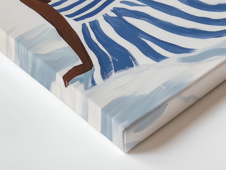 May include: Abstract canvas art print depicting a person in water. The painting uses white, light blue, and dark blue. The person's arm and leg are visible, with dark brown skin. The water is represented with blue and white brushstrokes.