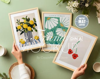 3 Frame Mockup With Person, Gallery Wall Art Set of 3 for Bundle, Minimal Three Multiple, A4 Boho Wood Table, Psd Poster DIN A Photoshop A3