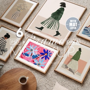 6 Bilderrahmen Galerie Wand Mockup, Sechs Holz Bilderrahmen, Mehrere 6 für Bundle, Realistisches Glas a4 a3 a2 Boho, Minimal, Psd Poster Art, DIN A Photoshop