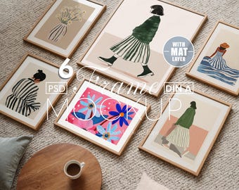 6 Frame Gallery Wall Mockup, Boho Wood, Six PSD Art (Digital Download)