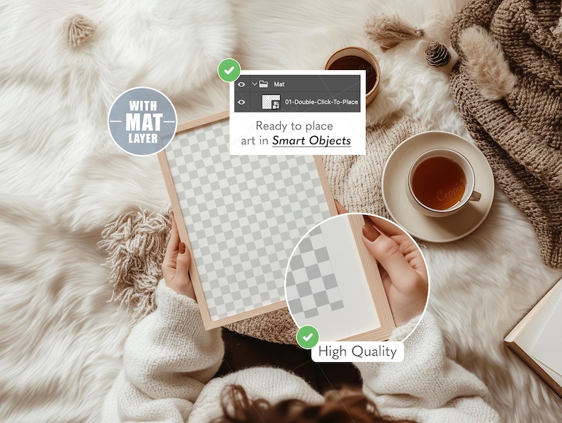 May include: A wooden picture frame with a mat layer, ready for art, is held. The frame is displayed on a soft, white, textured surface. A cup of tea and a cozy blanket are also visible. The image is labeled "High Quality."