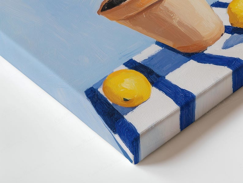 May include: A still life painting showing a terracotta pot and two yellow lemons on a blue and white chequered surface. The background is a light blue, and the artwork is viewed from a side angle.