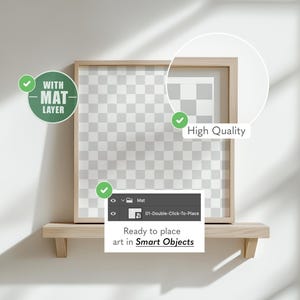 Puede incluir: Un marco de fotos de madera con una capa de paspart&uacute;, exhibido en un estante de madera. El marco tiene un centro transparente, listo para el arte. El texto en la imagen dice "High Quality" y "Ready to place art in Smart Objects."