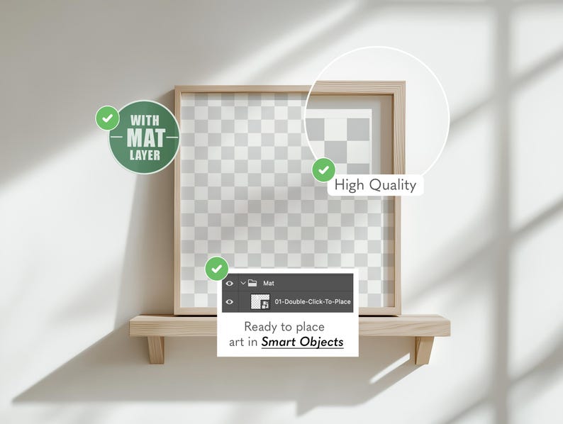Puede incluir: Un marco de fotos de madera con una capa de paspart&uacute;, exhibido en un estante de madera. El marco tiene un centro transparente, listo para el arte. El texto en la imagen dice "High Quality" y "Ready to place art in Smart Objects."