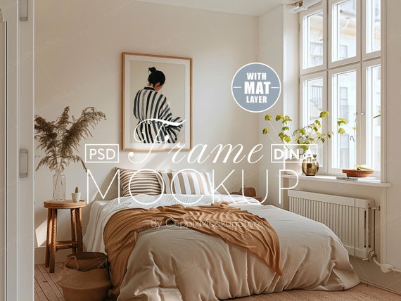 Bedroom Frame Mockup, A0 A1 A2 A3 A4 Vertical Realistic Poster Thin Wooden Frame PSD Photoshop Home Bed Pillow Interior Template DIN A Ratio