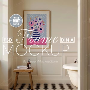 Badezimmer Rahmen Mockup PSD Poster | DIN A DIN | Minimalist Home Interior Vorlage Dünner Holzrahmen Boho A0, A3, A4 Helle Galeriewand MockUp