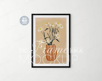 Simple Frame Mockup Black Vertical, Thin Light Frame Hanging Wall Art Template Photoshop, PSD Poster Mockup DIN A  - a2, a3, a4 Scandinavian