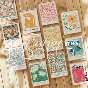 12 Bilderrahmen Galeriewand Mockup Set, zwölf Vorlagen für Bundle, a4 a3 Boho Holzboden, Vertikaler Rahmen, Psd, Poster, DIN A Photoshop