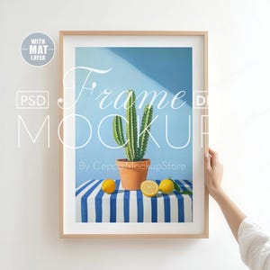 Simple Frame Mockup With Person, a4 a3 A2 Realistic Hand, Minimal Poster Wall Art Template, Hanging Thin Wood, PSD Photoshop Interior DIN A