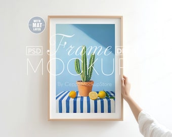 A4 A3 Simple Frame Mockup with Hand, Minimalist Thin Wood, PSD (Digital Download)