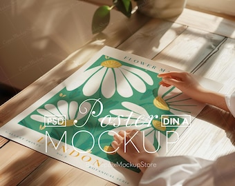 Poster Mockup with Person: DIN A Ratio, Flatlay Close Up with Hands, Photopea PSD Photoshop Frame with Table, Art Print Mockup, Boho A3, A4