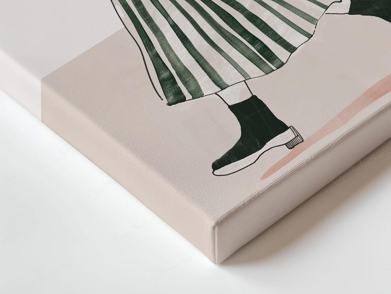May include: Canvas art print showing a watercolor illustration of a person walking. The artwork depicts a green and white striped skirt, black sock, and a black and white shoe. The background is a light pink and beige.