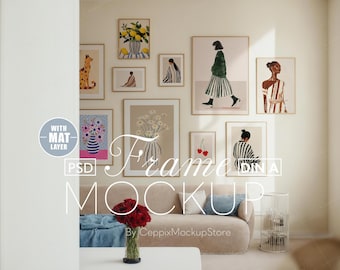 10 Frame Gallery Wall Mockup, Ten Multiple Template Set for Bundle, Realistic a4 a3 a2 Boho Wood, Minimal Psd Poster Art DIN A Photoshop
