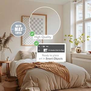 May include: A bedroom interior with a bed, a framed artwork, and a window. The bed has a white comforter and a brown blanket. The artwork is in a wooden frame. The text in the image says "High Quality" and "Ready to place art in Smart Objects".