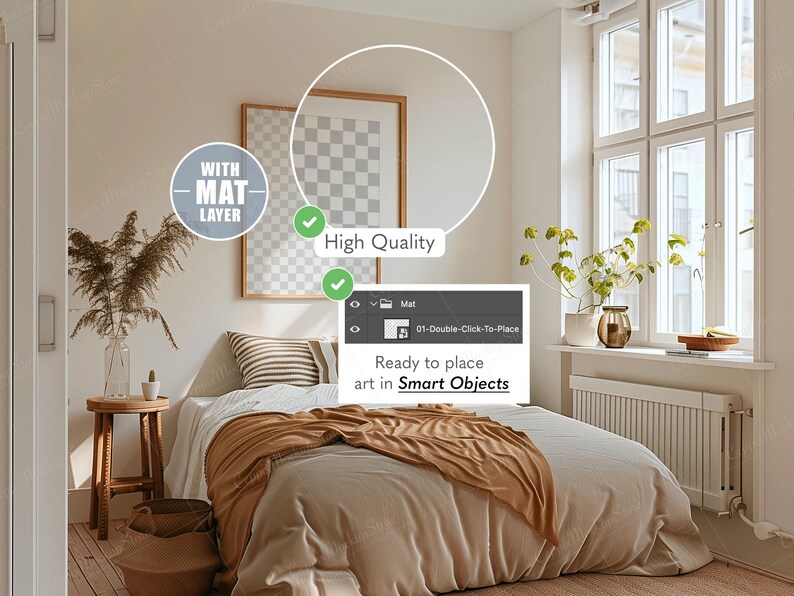 May include: A bedroom interior with a bed, a framed artwork, and a window. The bed has a white comforter and a brown blanket. The artwork is in a wooden frame. The text in the image says "High Quality" and "Ready to place art in Smart Objects".