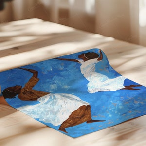 May include: Rolled canvas print featuring an abstract painting of three figures in white dresses against a blue background. The figures appear to be dancing or in motion. The artwork has a textured, painterly style.