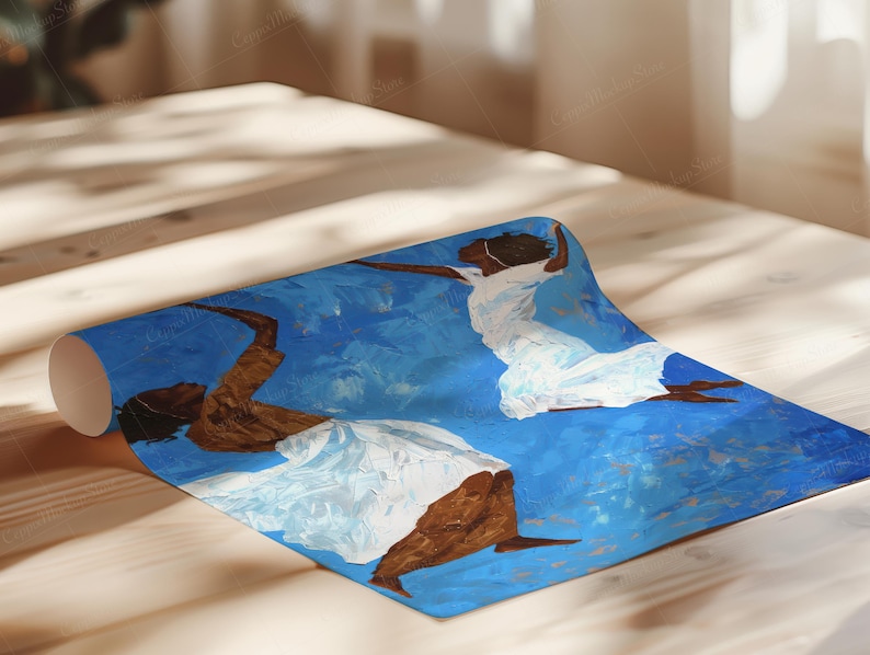 May include: Rolled canvas print featuring an abstract painting of three figures in white dresses against a blue background. The figures appear to be dancing or in motion. The artwork has a textured, painterly style.