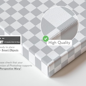 May include: A canvas print with a grey and white chequered pattern. The image includes a close-up showing the high-quality texture and the text "High Quality". It also features instructions for use with Smart Objects in Photoshop.
