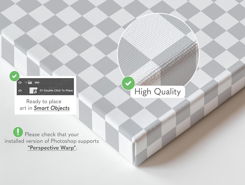 May include: A canvas print with a grey and white chequered pattern. The image includes a close-up showing the high-quality texture and the text "High Quality". It also features instructions for use with Smart Objects in Photoshop.