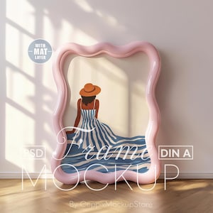 Maqueta de marco ondulado rosa, plantilla de póster de vidrio de plástico con curvas para niña A4 A3 Habitación juvenil divertida PSD Din A Funky Artwork, Preppy Elegante y moderno