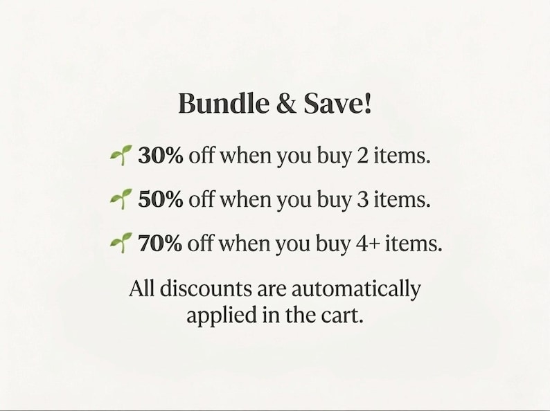 May include: Text on a white background reads "Bundle & Save!" with discount percentages for buying multiple items. The text includes "30% off when you buy 2 items," "50% off when you buy 3 items," and "70% off when you buy 4+ items."