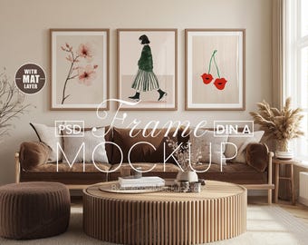 Set of 3 Frame Mockup, Hanging Wall Art Mockup Gallery Multiple Three 3 Bundle, A4 Boho Wood Psd Poster DIN A2 Photoshop A3 Glass Reflection