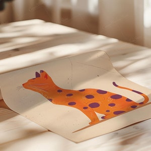 May include: An orange and purple spotted cat illustration on a rolled-up beige paper. The cat is in a side profile, with its tail curled. The artwork is on a wooden surface, with natural light and shadows.