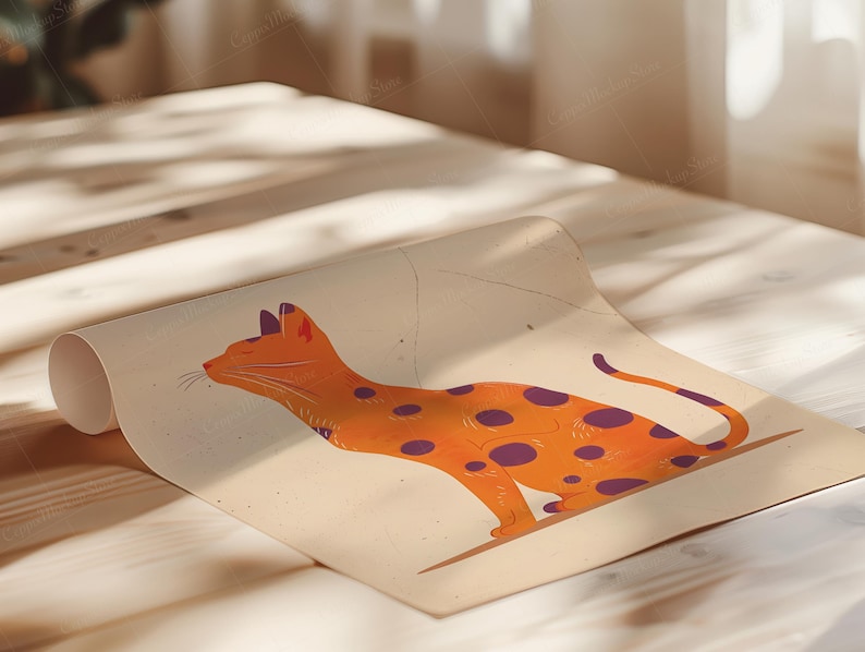 May include: An orange and purple spotted cat illustration on a rolled-up beige paper. The cat is in a side profile, with its tail curled. The artwork is on a wooden surface, with natural light and shadows.