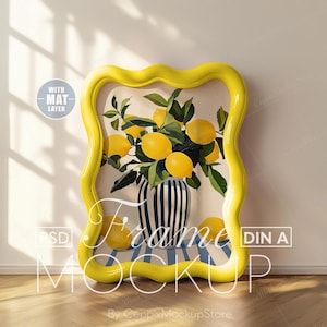 Gewellter Rahmen Mockup Gelb, Curvy Plastik Junge Mädchen Glas Poster Vorlage a4 a3 Verspielt Jugendzimmer PSD Din Funky Kunstwerk Preppy Stilvoll Trendy