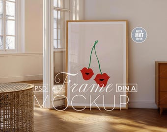 Frame Mockup Glass Reflection, Realistic Template for Photoshop Leaning Wall, PSD Poster Mockup DIN A, Thin Wood - a0 a3 a4 PSD Scandinavian