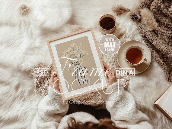 Frame Mockup With Person, A4 A3 A2 Realistic Hand, Minimal Poster, Woman Holding Wooden, PSD Photoshop, Coffee Table Tea Book, Interior DIN