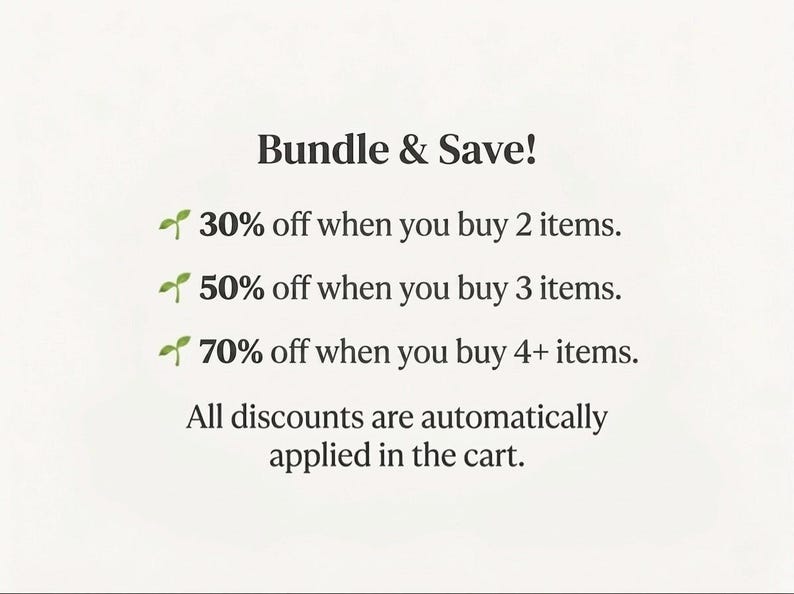 May include: Text on a white background reads "Bundle & Save!" with discount percentages for buying multiple items. The text includes "30% off when you buy 2 items," "50% off when you buy 3 items," and "70% off when you buy 4+ items."