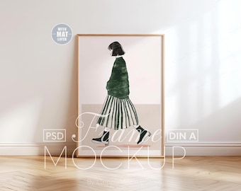 Simple Thin Wood Frame Mockup, Light Vertical Boho PSD Poster Artwork Template for Photoshop,  DIN A, a4 a3 a2 PSD Minimalist Scandinavian