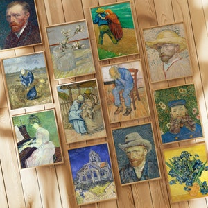 May include: A collection of framed art prints featuring the artwork of Vincent van Gogh. The prints showcase various portraits, landscapes, and still life paintings, with a focus on the artist's signature brushstrokes and color palette. The frames are a light brown color.