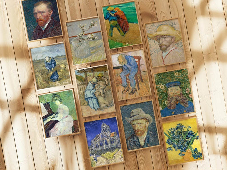 May include: A collection of framed art prints featuring the artwork of Vincent van Gogh. The prints showcase various portraits, landscapes, and still life paintings, with a focus on the artist's signature brushstrokes and color palette. The frames are a light brown color.
