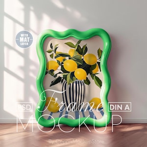 Gewellter Rahmen Mockup Grün, Curvy Plastik Junge Mädchen Glas Poster Vorlage a4 a3 Verspielt Jugendzimmer PSD Din A Funky Kunstwerk Preppy Stylish Trendy