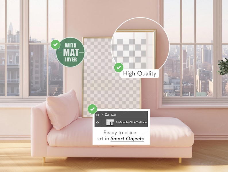 May include: A pink chaise lounge and a framed artwork with a mat layer are displayed in a room with large windows. The artwork is ready to place art in Smart Objects. The image also highlights the high quality of the artwork.