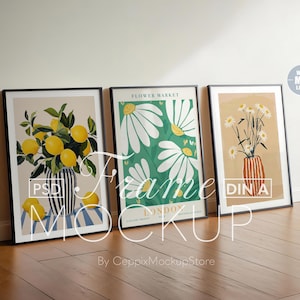 3er Set Bilderrahmen Mockup, Schwarz an Wand gelehnt, mehrere Drei 3 Bündel, A4 Boho Vertikal Psd Poster DIN Photoshop A3 Glas Spiegelung