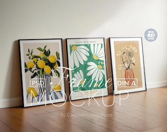 Set of 3 Frame Mockup, Black Leaning On Wall Gallery, Multiple Three 3 Bundle, A4 Boho Vertical Psd Poster DIN Photoshop A3 Glass Reflection