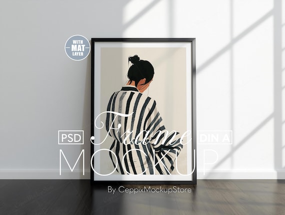 Simple Frame Mockup Black Vertical, Poster Mockup, Close Up One Interior Wall Art Mockup Artwork Template, Photoshop PSD DIN A Thin a4 a3 a2