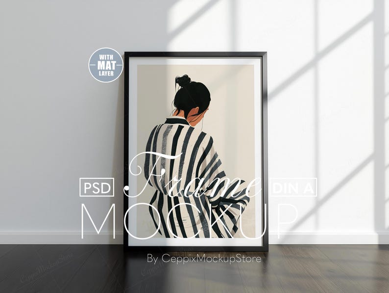 May include: A framed art print showing a woman in a black and white striped kimono. The artwork is set in a room with a white wall and dark wooden floor. The print is in a black frame and features the text "Frame Mockup".