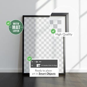 May include: A black framed art print with a mat layer, leaning against a white wall. The print has a transparent centre, ready for art placement. Text on the image reads "Ready to place art in Smart Objects."
