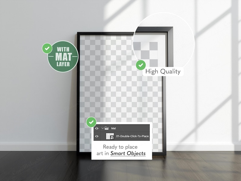 May include: A black framed art print with a mat layer, leaning against a white wall. The print has a transparent centre, ready for art placement. Text on the image reads "Ready to place art in Smart Objects."