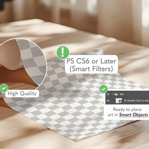 May include: A rolled-up gray and white checkered mat sits on a wooden surface. The image includes text that reads "High Quality" and "PS CS6 or Later (Smart Filters)". A digital interface shows "Ready to place art in Smart Objects".