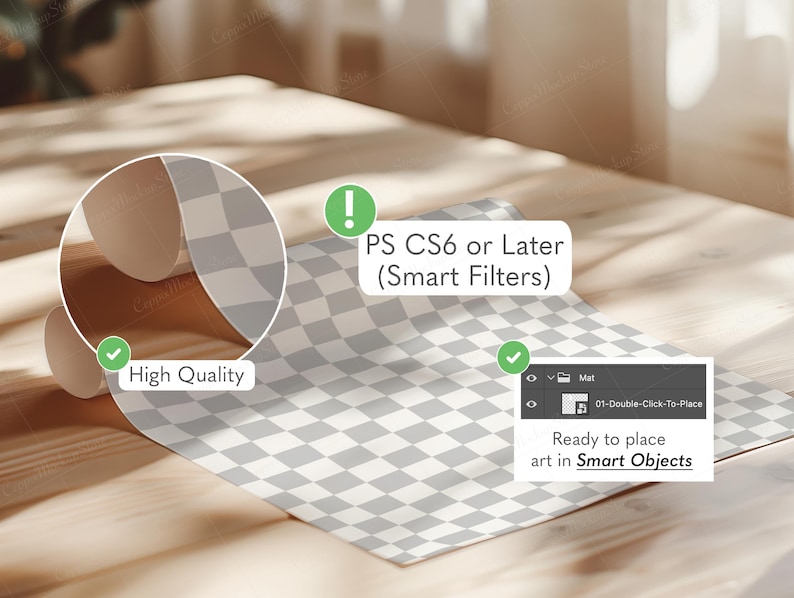 May include: A rolled-up gray and white checkered mat sits on a wooden surface. The image includes text that reads "High Quality" and "PS CS6 or Later (Smart Filters)". A digital interface shows "Ready to place art in Smart Objects".